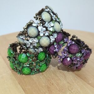 Elegant Floral Gemstone Bangle Cuff Bracelet Set of 3